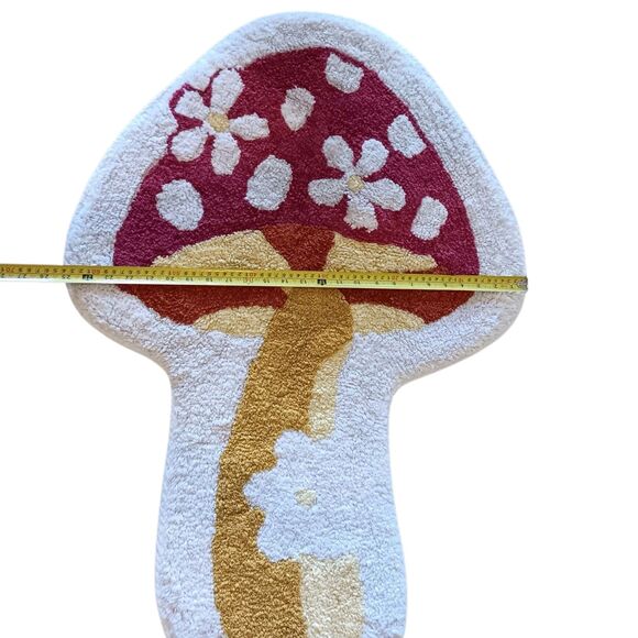 Mushroom Shaped Rug Red/Pink Mushroom & Off White Flowers Yellow Stem 36" X 24" - Picture 5 of 11